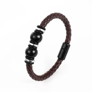 Vintage Mens Braided Leather Bracelet Retro Woven Wristband Zinc Alloy Magnetic Clasp Fashion Jewelry Gift