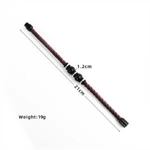 Men's braided leather bracelet with vintage magnetic clasp and black beads detail view 21cm