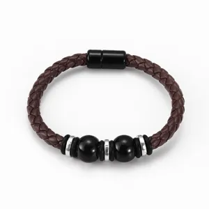 Men vintage braided leather bracelet with magnetic clasp and black beads for daily wear.