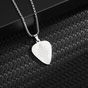 Stainless steel guitar pick pendant necklace musical jewelry accessory detail view