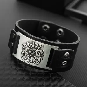 Pulsera de Hombre Retro Viking Totem Cuero PU Aleación Vintage Estilo Punk Pulsera Ancha Joya Regalo