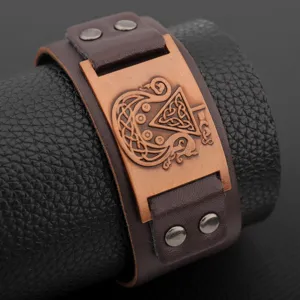 Pulsera de cuero vikingo vintage para hombre, retro nórdico nudo celta brazalete ancho