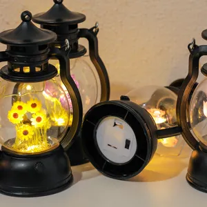 Vintage LED decorative lantern night light with warm flowers inside for desktop decor