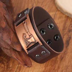 Vintage nordischer Wikinger Kampfaxt braun PU Leder breites Armband Punk Stil Armreif