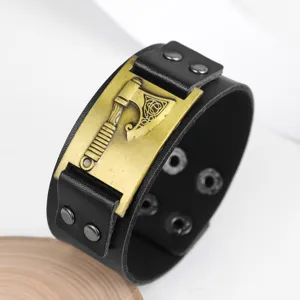 Nordisches Wikinger Kampfaxt breites PU Leder Armband Retro Punk Manschette Armreif