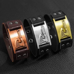 Nordische Wikinger Axt PU Leder Armband Punk Stil Breites Armband Hauptansicht