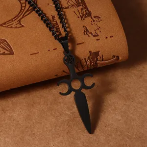 Heren roestvrij staal zwarte pentagram zwaard hanger ketting goth sieraden.