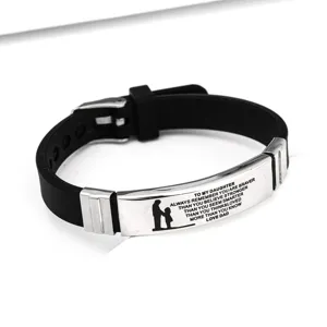 Stainless steel engraved daughter bracelet detail showing custom family inspirational message metal plate.