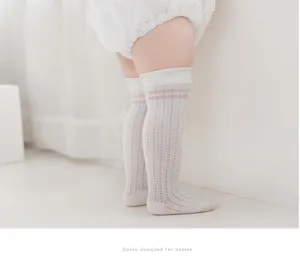 Newborn baby summer thin mesh long cotton socks with cute pink stripes, soft and breathable.