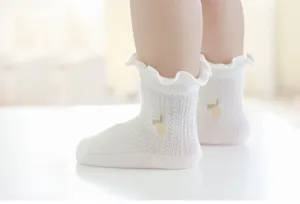 Newborn baby summer ultra-thin mesh socks with cute lace ruffles and breathable infant design.
