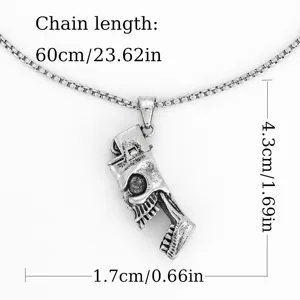 Detail view of the punk skull pendant necklace showing precise measurements and 60cm chain length.