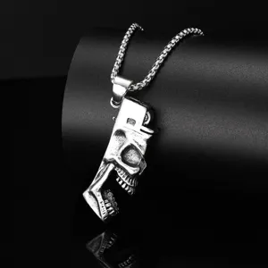Men Punk Gothic Half Skull Bottle Opener Pendant Necklace Alloy Vintage Silver Tone Chain Personalized Jewelry Gift