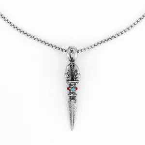 Vintage silver Vajra Phurba pendant necklace for men retro Chinese style jewelry gift.