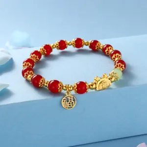 Chinese style red bead bracelet with gold fu pendant for women year of dragon jewelry.