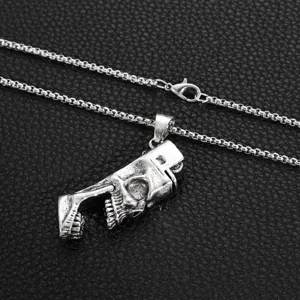 Punk skull bottle opener pendant necklace for men, silver alloy gothic jewelry accessory.
