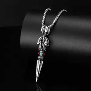 Retro Thai Silver Style Alloy Vajra Pestle Pendant Necklace For Men Ethnic Rhinestone Inlaid Sweatshirt Chain Jewelry Gift