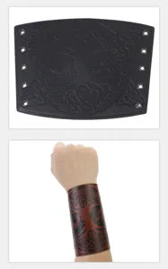 Detailansicht der Wikinger Lebensbaum geprägten Leder Armschiene, mittelalterlicher Punk Armschutz.