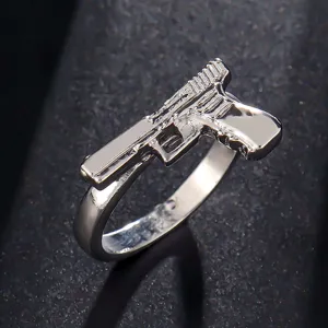 Vintage Alloy Pistol Pendant Ring Men Retro Punk Electroplated Silver Gun Shaped Band Finger Ring Charm Jewelry Gift For Party
