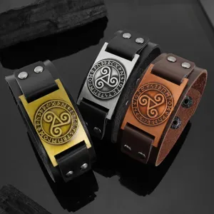 Vintage Nordisch Wikinger Triskele Rune Leder Armband Legierung Manschette Detail Ansicht