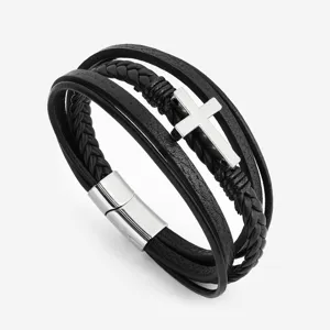 Men's multi-layer black PU leather braided bracelet featuring a silver cross and magnetic clasp.