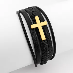 Men multi-layer braided leather bracelet with gold cross vintage punk wristband jewelry