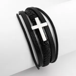 Close-up view of the multi-layer black leather braided bracelet featuring a silver cross charm.