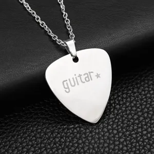 Stainless steel guitar pick pendant necklace, retro rock style metal jewelry for men and women.