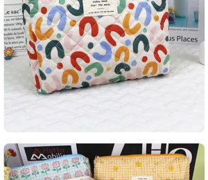 Large capacity quilted makeup bag with cute printed pattern, cotton storage pouch for daily use.