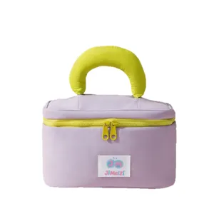 Large capacity purple cosmetic bag with lime green handle and zipper for travel storage.