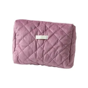 Grand sac de maquillage en velours côtelé, pochette de rangement cosmétique matelassée unie.