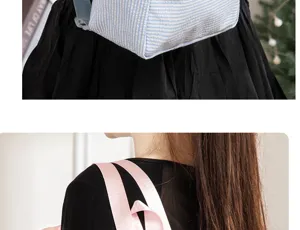 Detail view of a striped seersucker backpack with pink and blue straps for daily use.