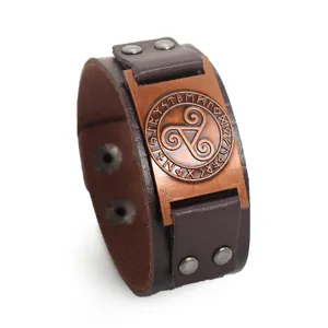 Vintage Wikinger Runen Leder Armband mit Kupfer Metallplatte und Nieten Punk Herren Schmuck