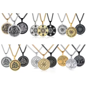 Viking Norse Mythology Valknut Tree of Life Vegvisir Compass Pendant Necklace Stainless Steel Punk Jewelry for Men Women Gift