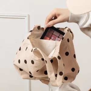 Beige corduroy tote bag with brown polka dots retro cute casual handbag for daily commuting.