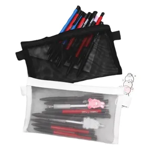 Transparent mesh pencil case large capacity stationery pouch simple dual color pencil bag for student