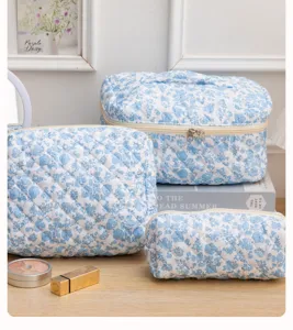 Quilted blue floral makeup bag set, large capacity portable cosmetic storage organizer.