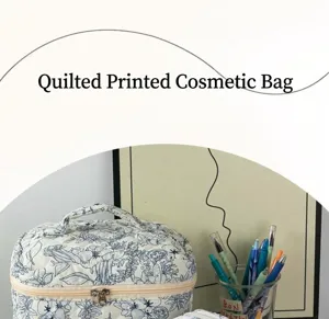 Quilted floral makeup bag, cotton portable wash storage bag, cute blue and white toile cosmetic case.