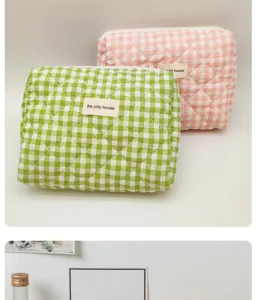Quilted cosmetic bag set, cute gingham makeup pouch with zipper for women and girls daily use.