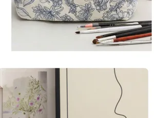 Detailed view of the blue floral quilted cosmetic makeup bag showcasing fine stitching and fabric.