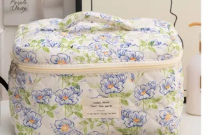 Quilted cosmetic bag large capacity floral travel makeup pouch cute storage bag with handle