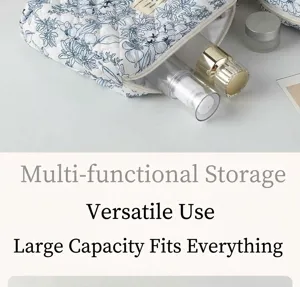 Detailed view of a cute cotton quilted floral makeup bag, perfect for portable cosmetic storage.