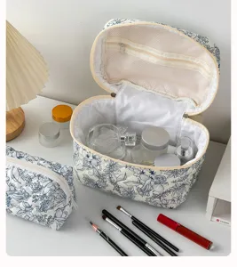 Floral quilted cosmetic bag set, portable travel makeup organizer pouch for daily use.