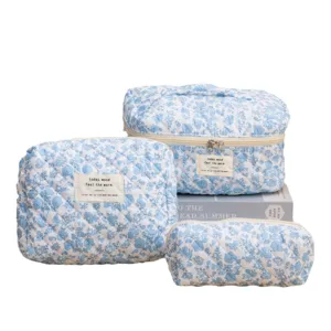 Floral quilted cosmetic bag set, large capacity portable makeup pouch and organizer bag for women.