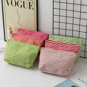 Knitted Cosmetic Bag Large Capacity Striped Plaid Storage Pouch Portable Makeup Organizer For Women Travel