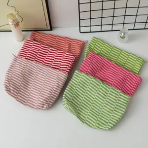 Knit makeup pouch large capacity striped zipper storage bag cosmetic organizer detail view