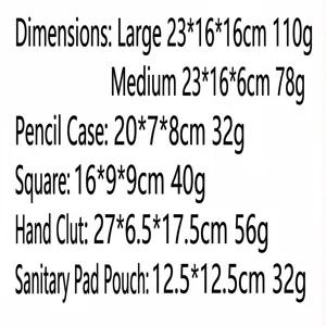 Cosmetic bag size chart detailing dimensions and weight for various portable storage pouches.