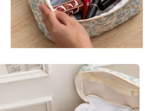 Quilted floral makeup bag detail view showing spacious interior storage and portable design.