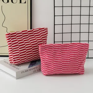 Knitted cosmetic bag cute striped makeup pouch portable travel zipper storage organizer for women