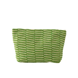 Green and beige knitted cosmetic bag, chic striped storage pouch for daily essentials.