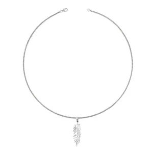 Detail shot of stainless steel feather pendant hip hop necklace for men, sleek design.